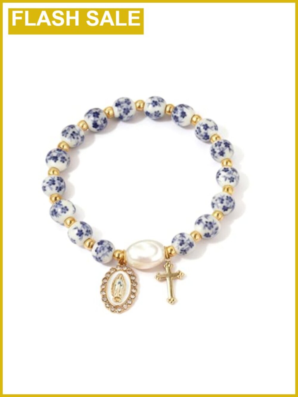 Stretchy Virgin Mary Bracelet with Cross Charm Gold Plated Crystal Beaded